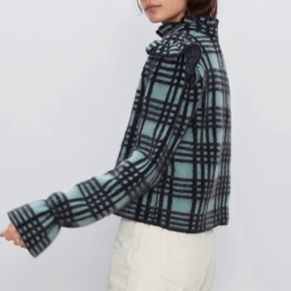 🔖 S ZARA Checked Wool Mohair Knit Sweater Green Aqua Ruffle Shoulder - Picture 3 of 16